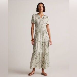 Quince Women Washable Stretch Silk Tiered Maxi Dress Jasmine Vines L